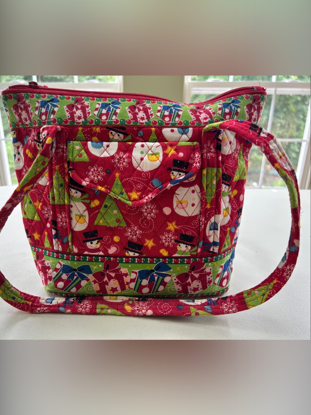 Holiday Quilted Red Tote Bag with Festive Print
